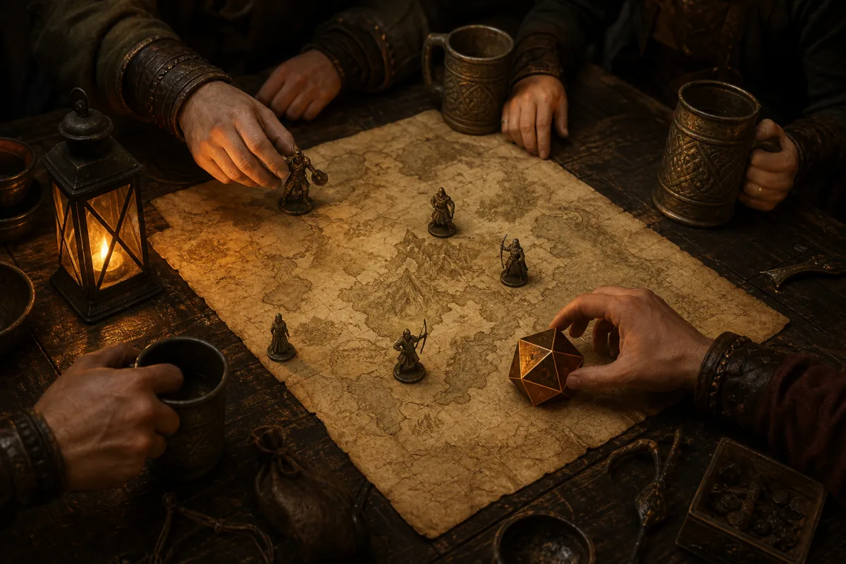 Table de jeu de rôle éclairée à la lanterne : carte au trésor, dé vingt faces et figurines